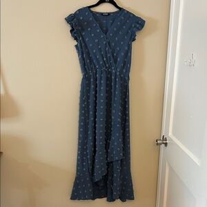 Steel Blue Floral High-Low Wrap Dress